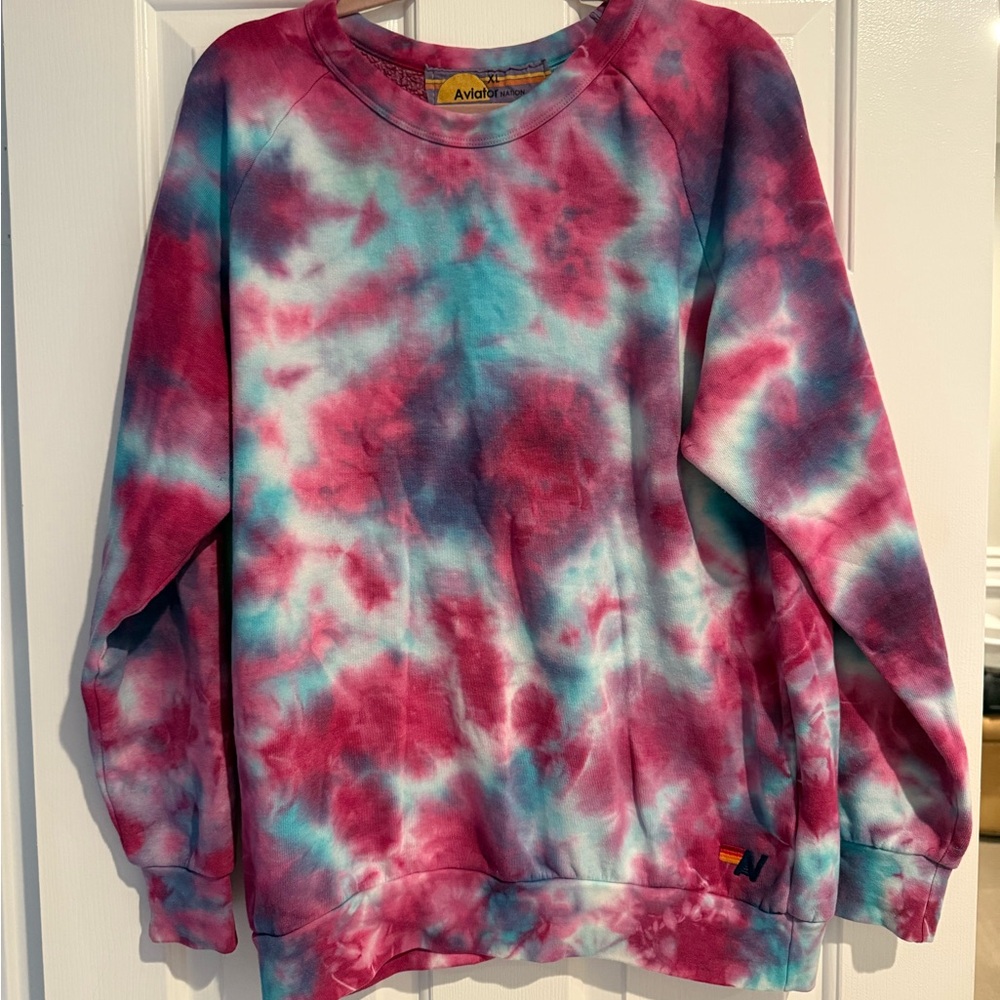 Aviator Nation sweatshirt, pink, purple, blue, turquoise